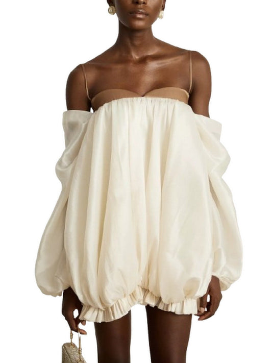 Off-Shoulder Puff Mini Dress with Contrasting Details - Dresses