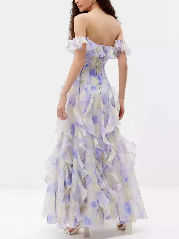 Off-Shoulder Ruffled Corseted Tiered Maxi Dress - Dresses