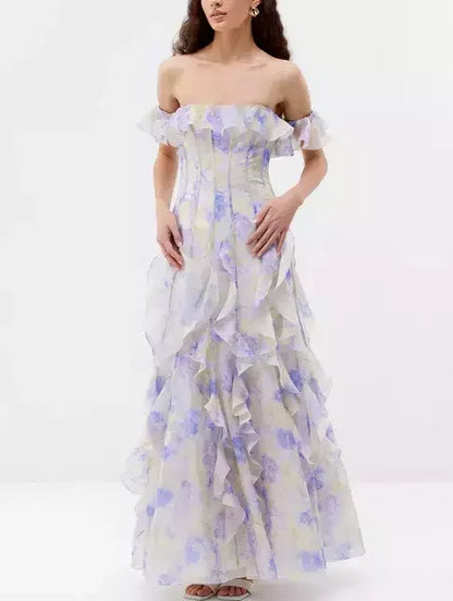 Off-Shoulder Ruffled Corseted Tiered Maxi Dress - Dresses