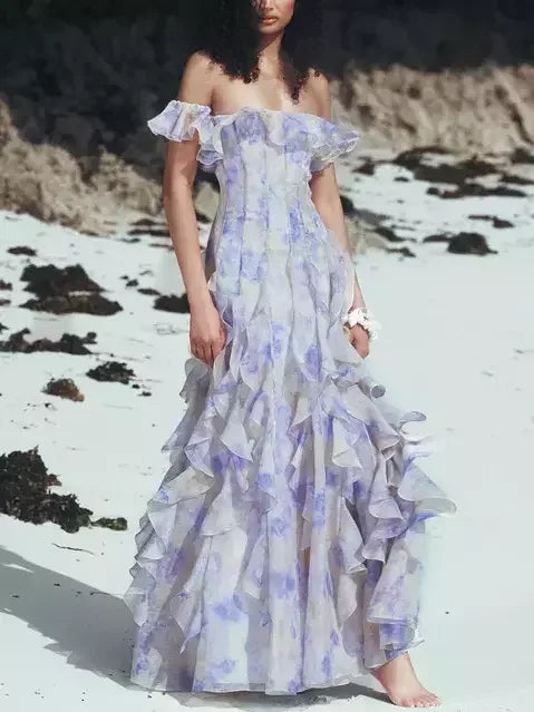 Off-Shoulder Ruffled Corseted Tiered Maxi Dress - Dresses