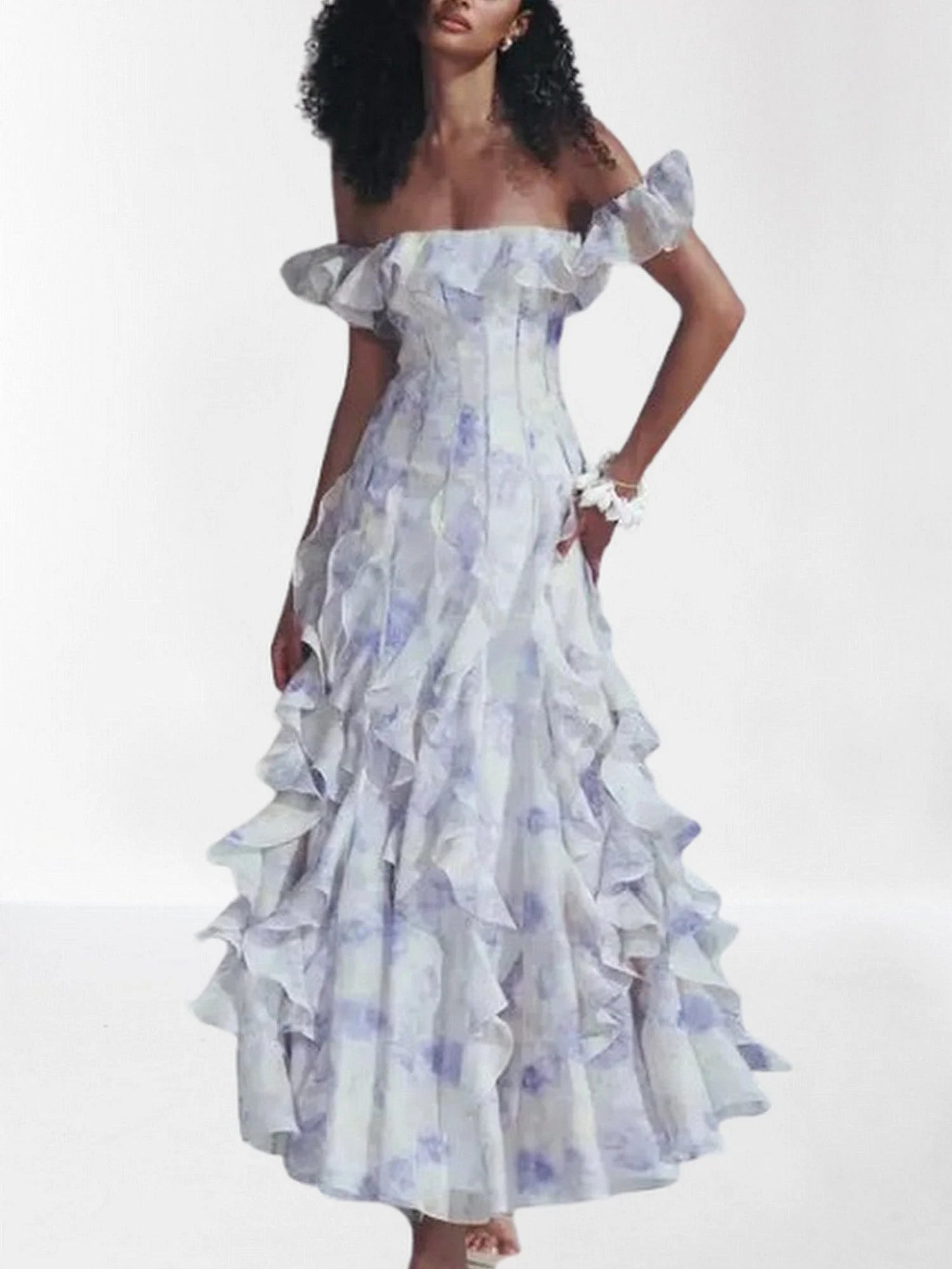 Off-Shoulder Ruffled Corseted Tiered Maxi Dress - Dresses