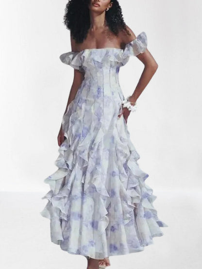 Off-Shoulder Ruffled Corseted Tiered Maxi Dress - Dresses