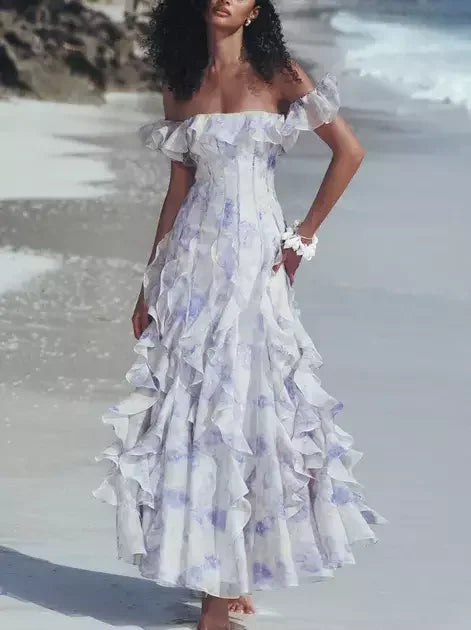 Off-Shoulder Ruffled Corseted Tiered Maxi Dress - Dresses