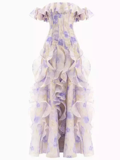 Off-Shoulder Ruffled Corseted Tiered Maxi Dress - S - Dresses