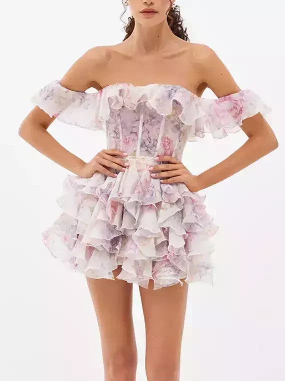Off-Shoulder Ruffled Corseted Tiered Mini Dress - Dresses