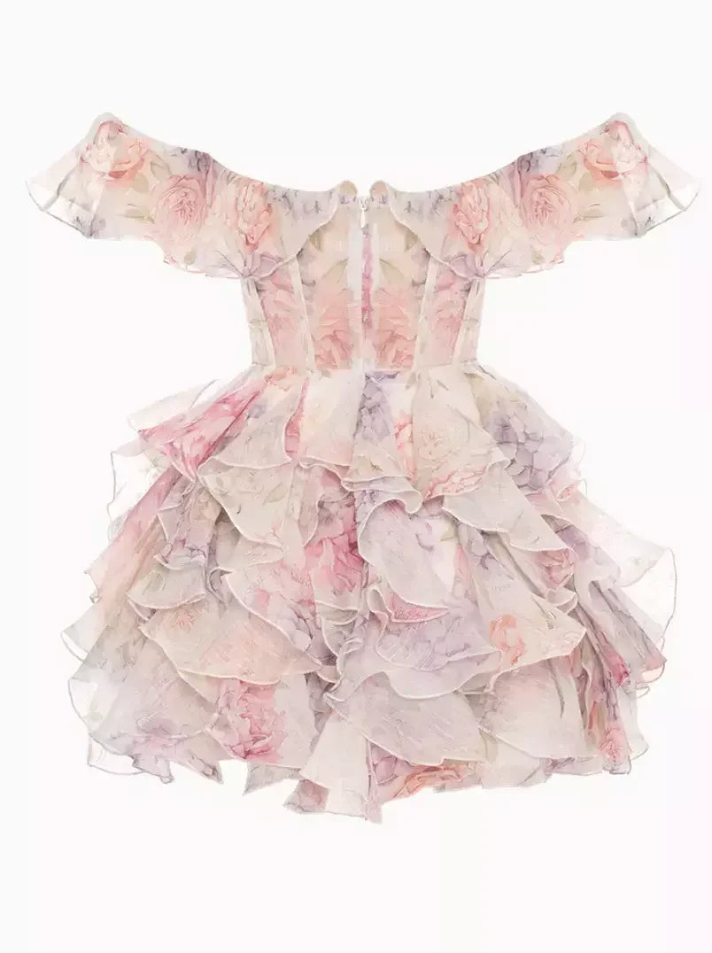 Off-Shoulder Ruffled Corseted Tiered Mini Dress - Dresses