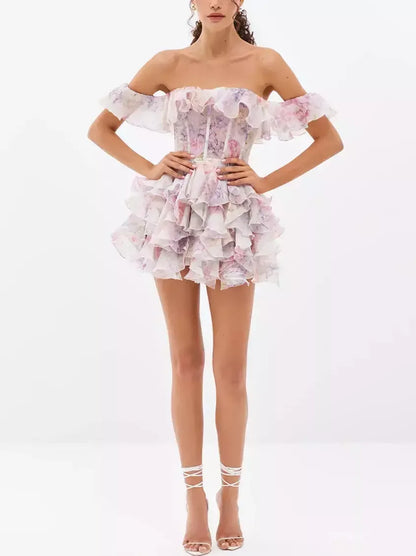 Off-Shoulder Ruffled Corseted Tiered Mini Dress - Dresses