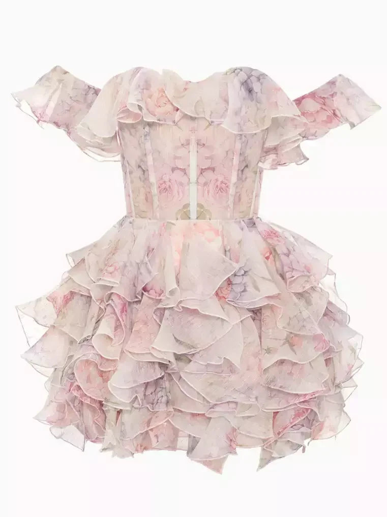 Off-Shoulder Ruffled Corseted Tiered Mini Dress - S - Dresses