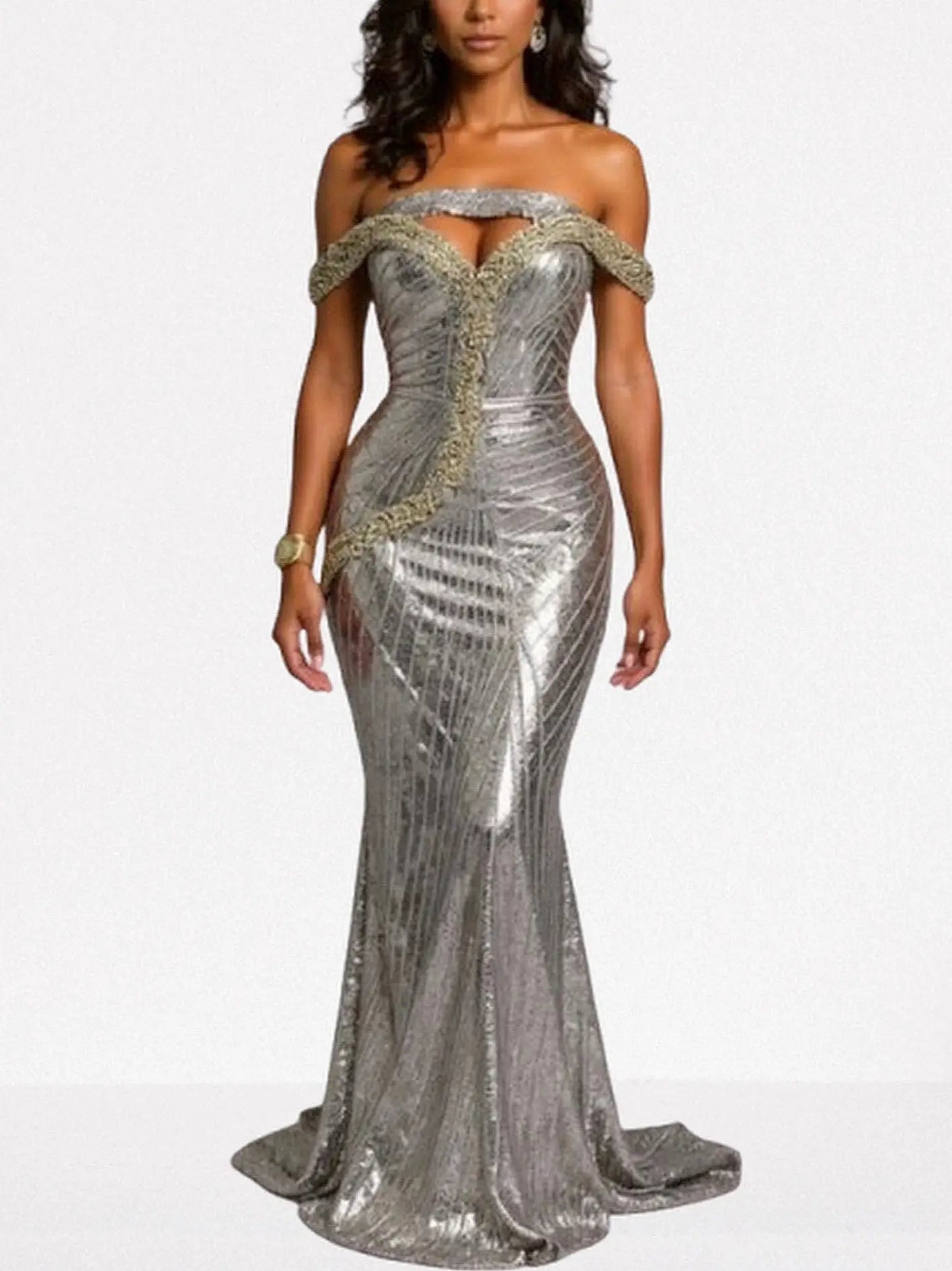 Off-Shoulder Sequin and Crystal Embellished Gown - Dresses