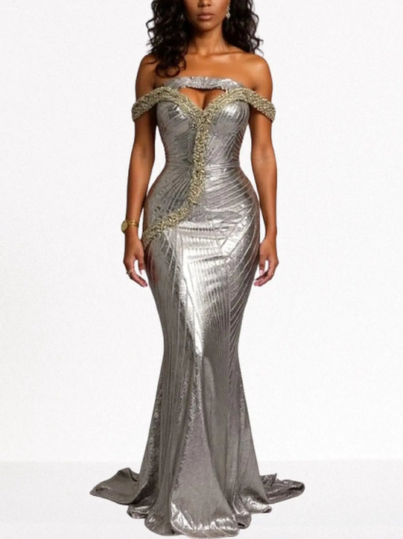 Off-Shoulder Sequin and Crystal Embellished Gown - Dresses