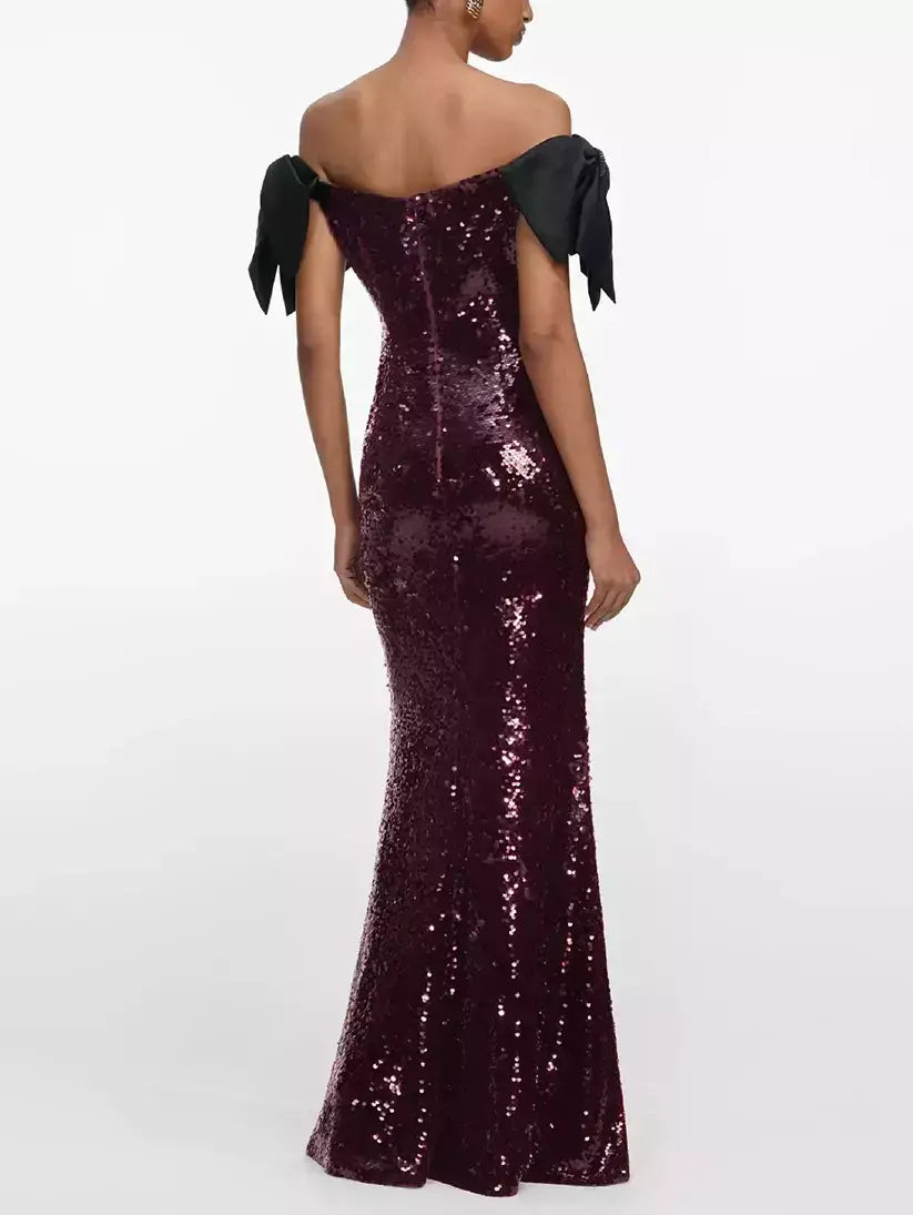 Off-Shoulder Sequin Gown with Black Bow Accents - Dresses