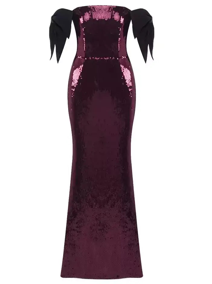 Off-Shoulder Sequin Gown with Black Bow Accents - Dresses