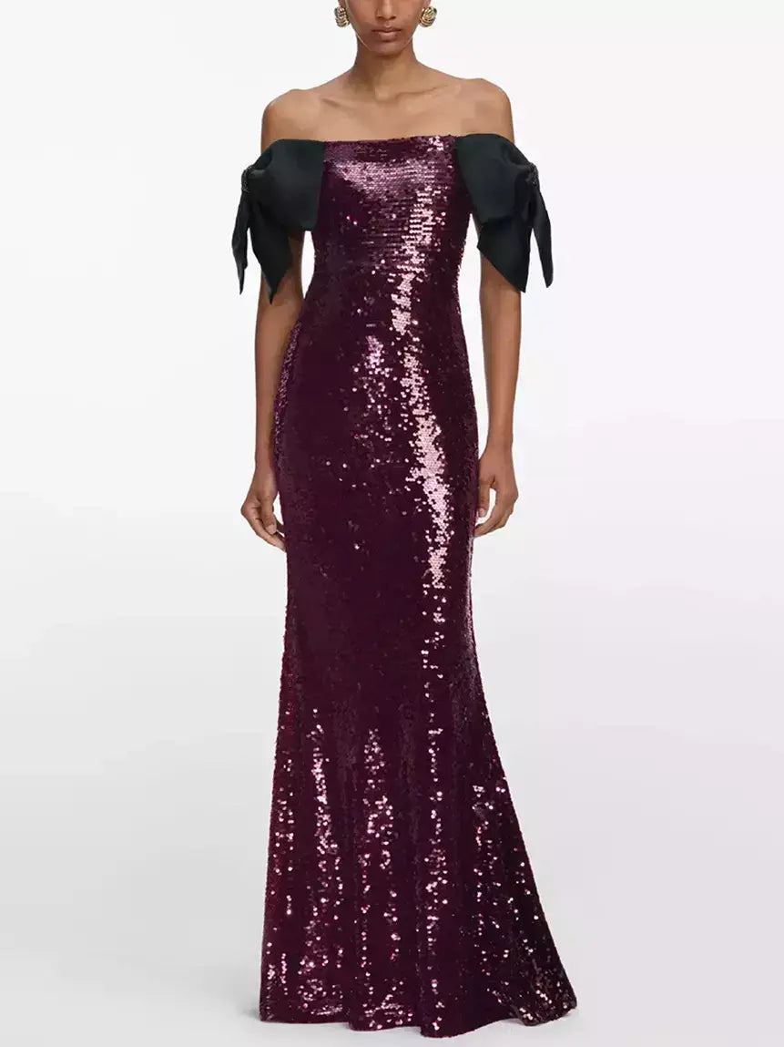Off-Shoulder Sequin Gown with Black Bow Accents - Dresses