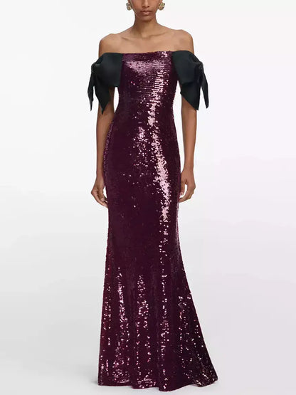 Off-Shoulder Sequin Gown with Black Bow Accents - Dresses