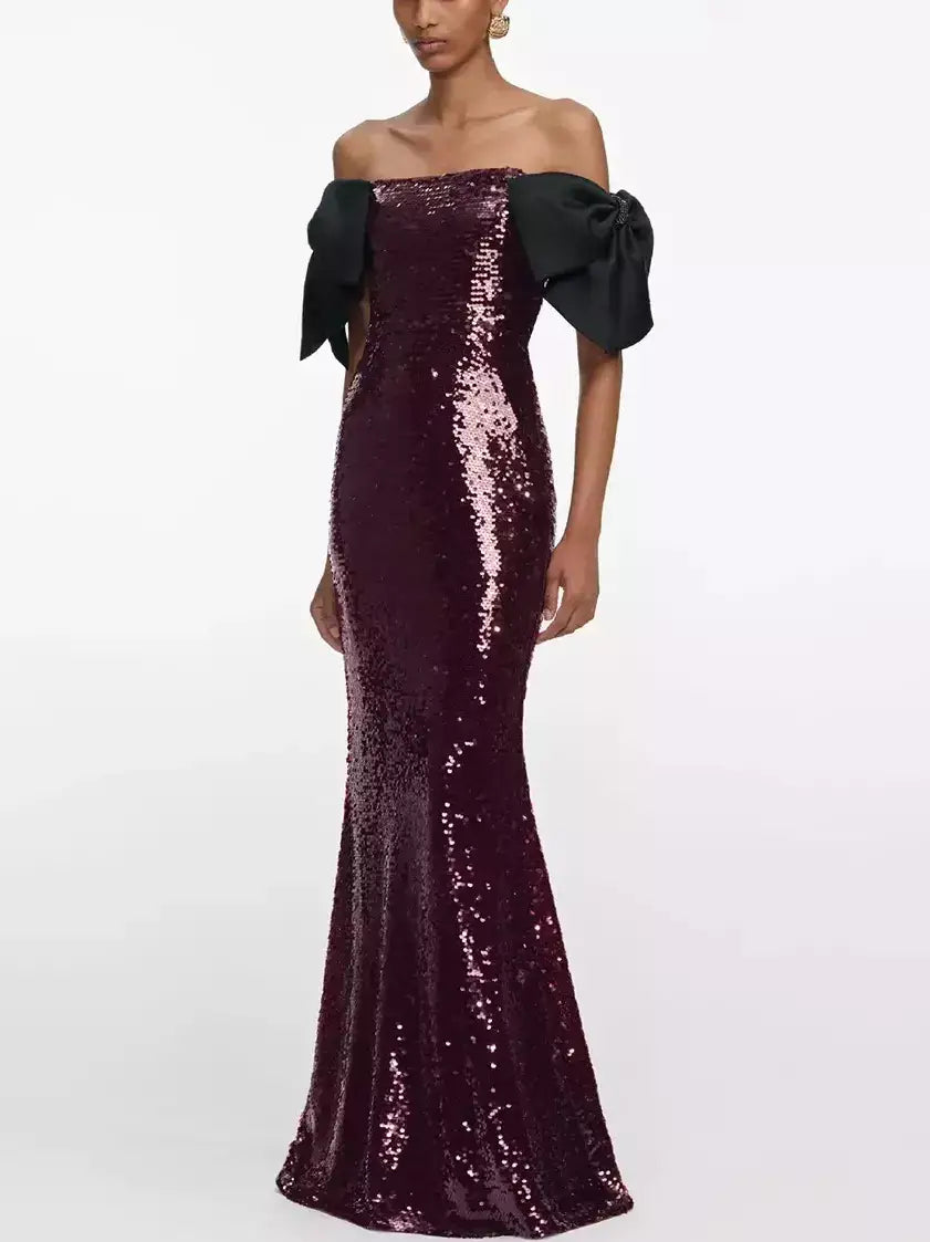 Off-Shoulder Sequin Gown with Black Bow Accents - Dresses