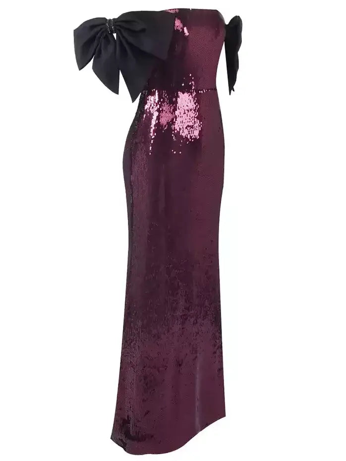 Off-Shoulder Sequin Gown with Black Bow Accents - Dresses