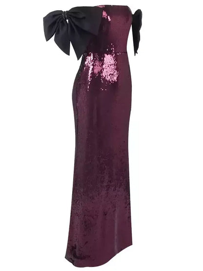 Off-Shoulder Sequin Gown with Black Bow Accents - Dresses