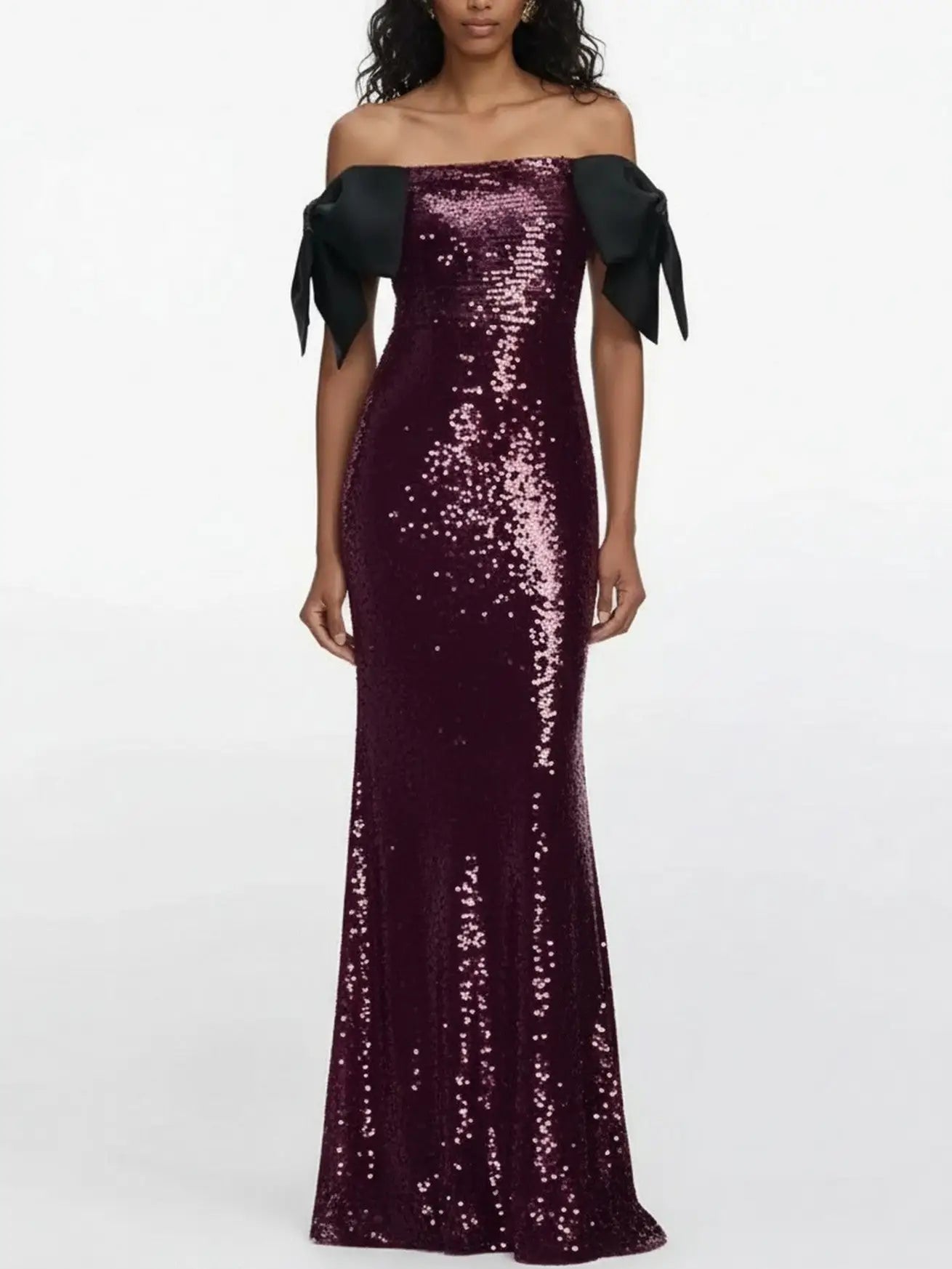 Off-Shoulder Sequin Gown with Black Bow Accents - Small - Dresses