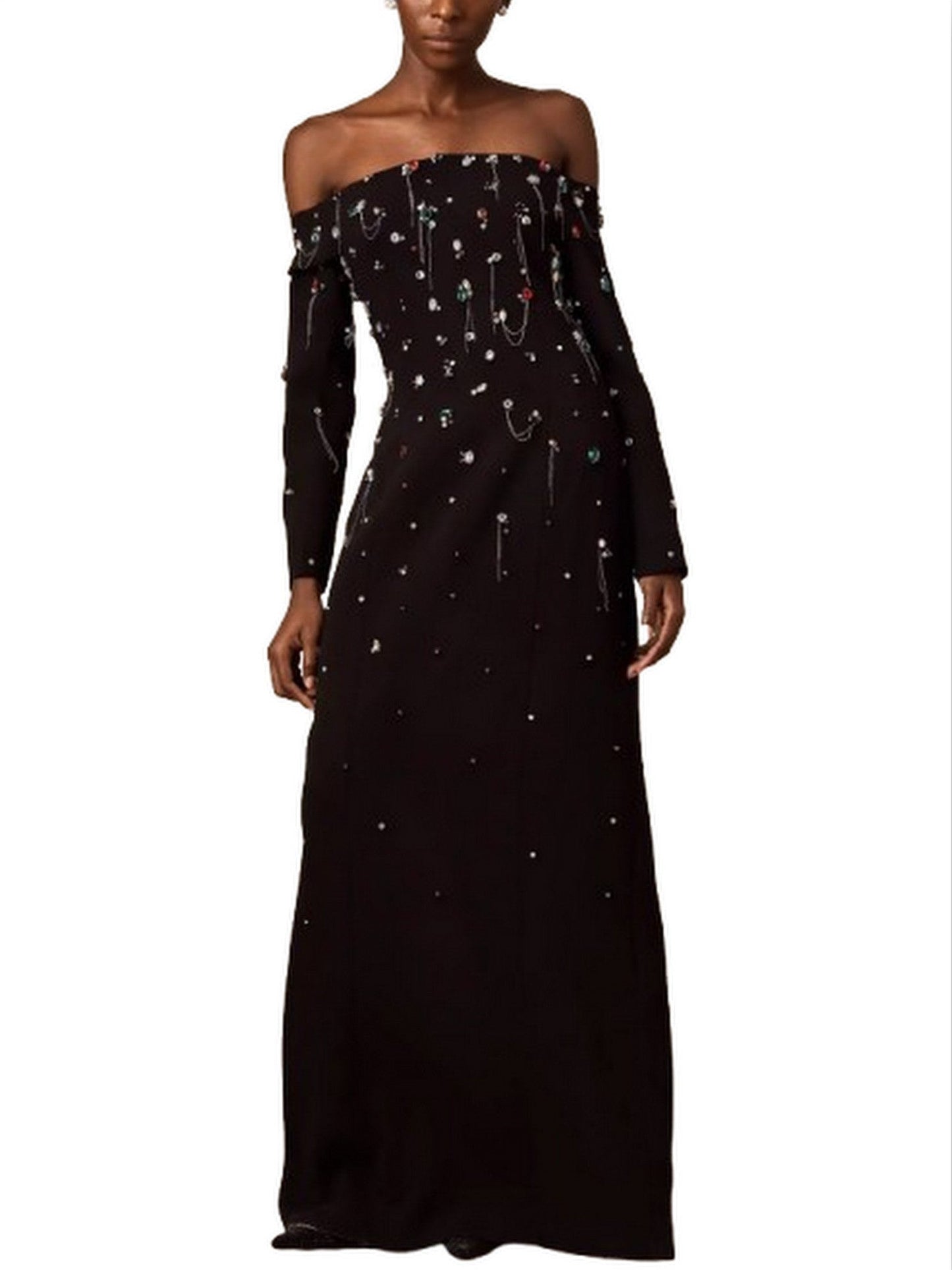 Off-The-Shoulder Dress with Rhinestones and Chains - Dresses