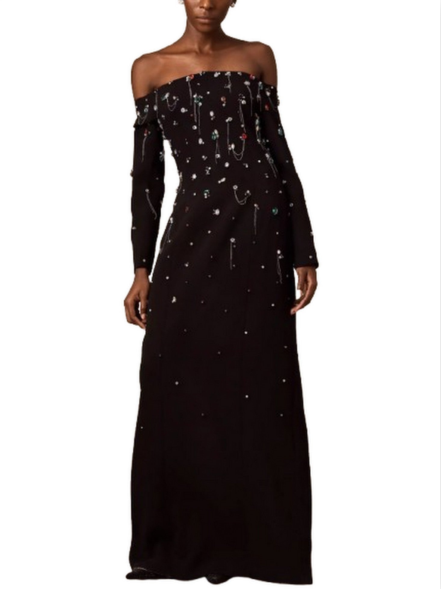 Off-The-Shoulder Dress with Rhinestones and Chains - Dresses