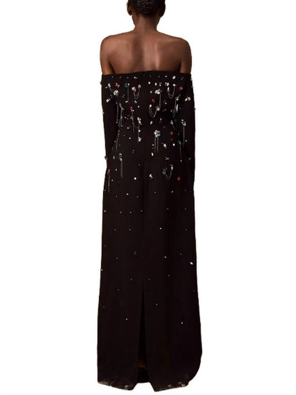 Off-The-Shoulder Dress with Rhinestones and Chains - Dresses