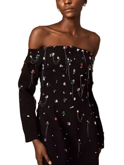 Off-The-Shoulder Dress with Rhinestones and Chains - Dresses