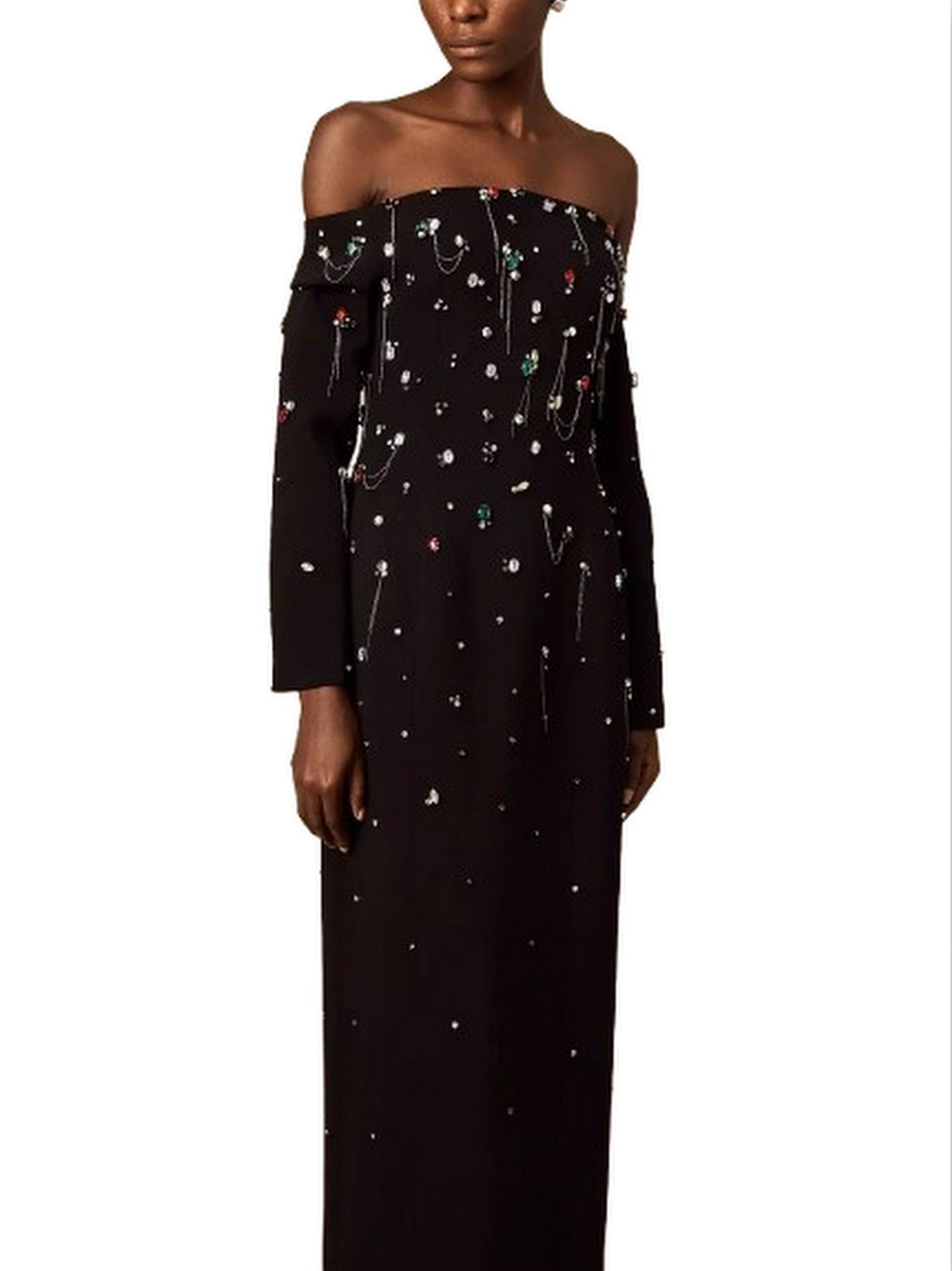 Off-The-Shoulder Dress with Rhinestones and Chains - Dresses