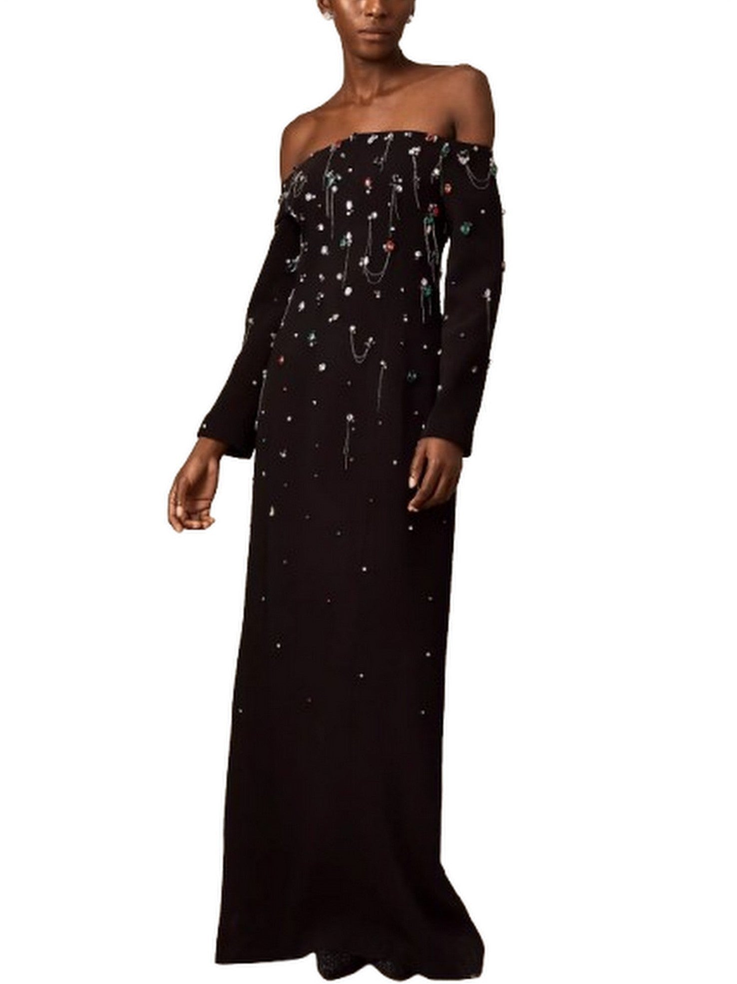 Off-The-Shoulder Dress with Rhinestones and Chains - Dresses