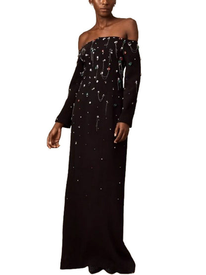 Off-The-Shoulder Dress with Rhinestones and Chains - Dresses