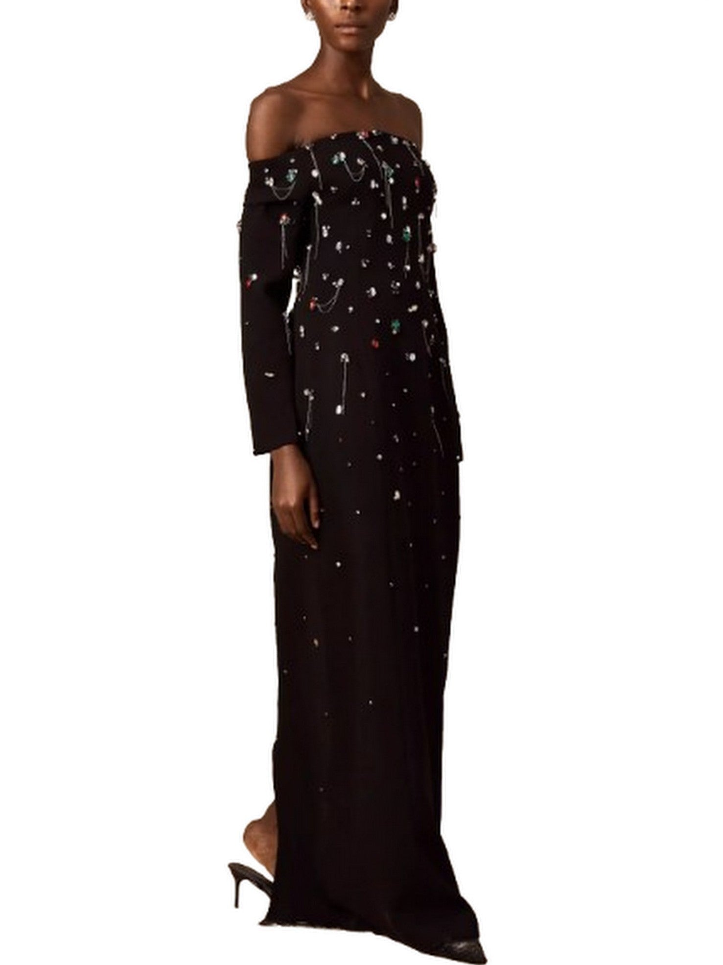 Off-The-Shoulder Dress with Rhinestones and Chains - Dresses