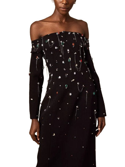 Off-The-Shoulder Dress with Rhinestones and Chains - Dresses