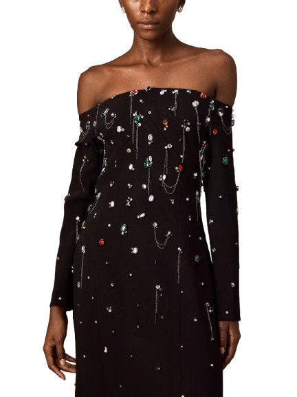 Off-The-Shoulder Dress with Rhinestones and Chains - Dresses