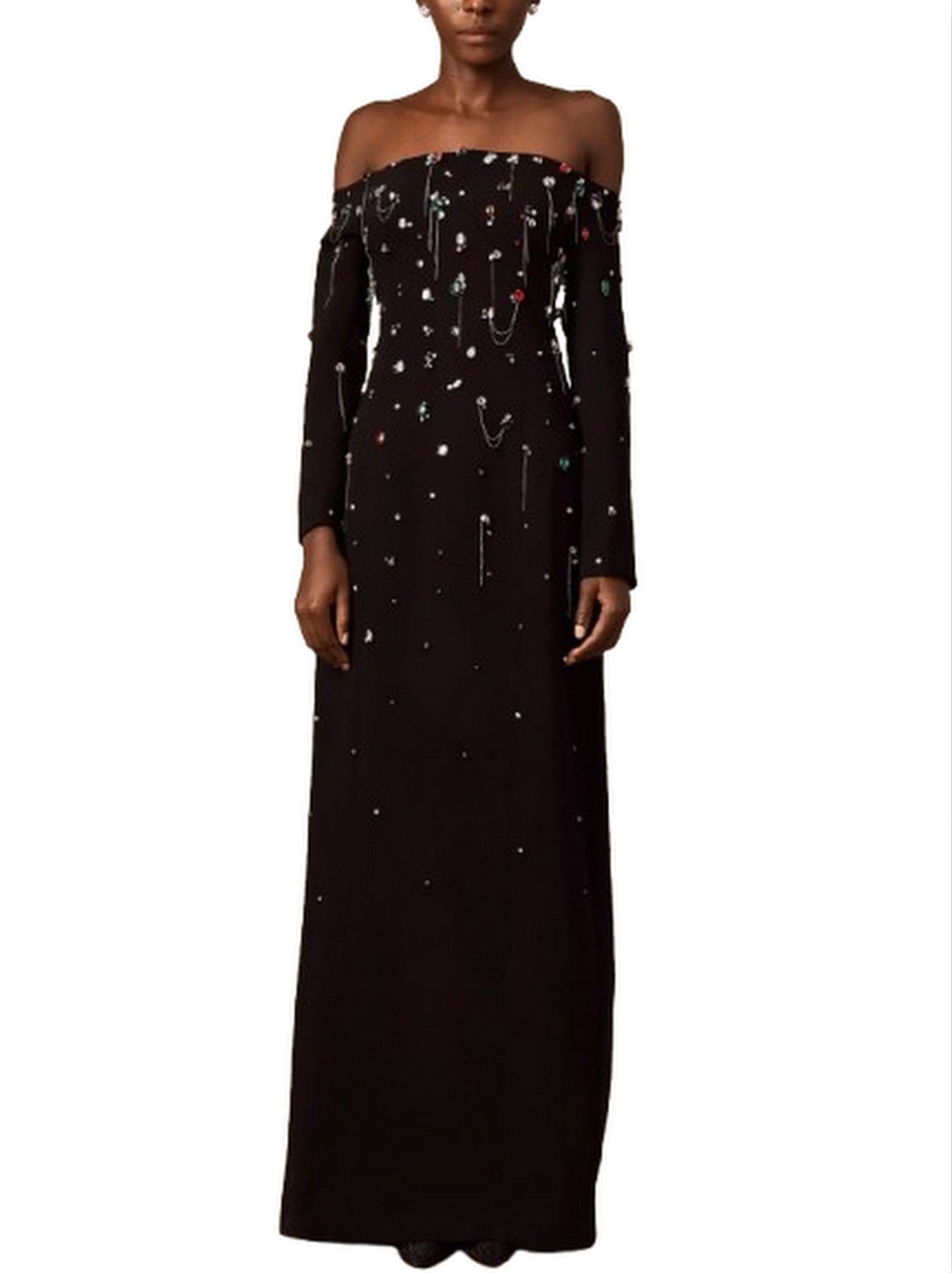 Off-The-Shoulder Dress with Rhinestones and Chains - Dresses