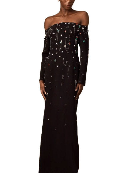 Off-The-Shoulder Dress with Rhinestones and Chains - Dresses