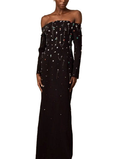 Off-The-Shoulder Dress with Rhinestones and Chains - Dresses