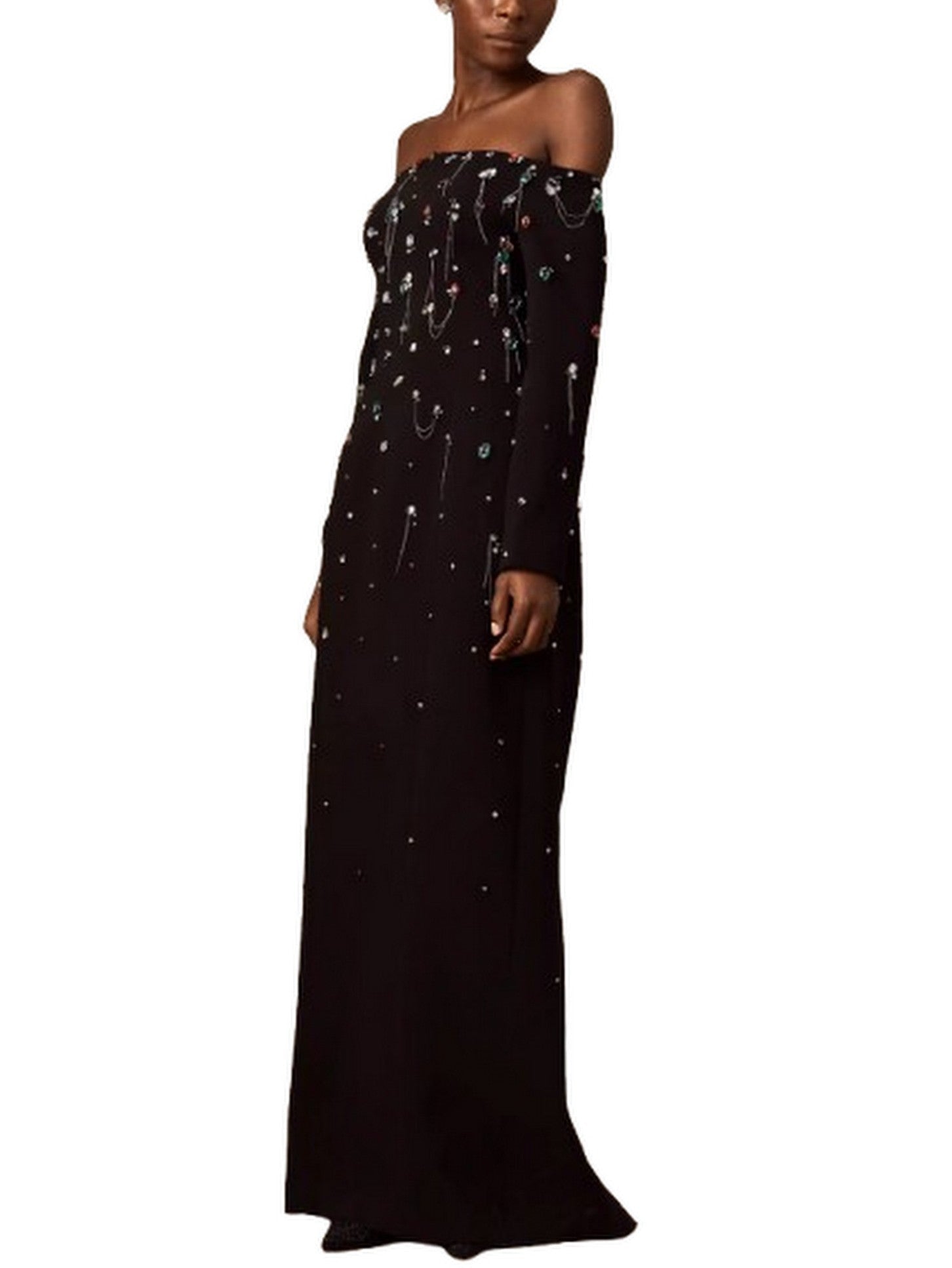 Off-The-Shoulder Dress with Rhinestones and Chains - Dresses
