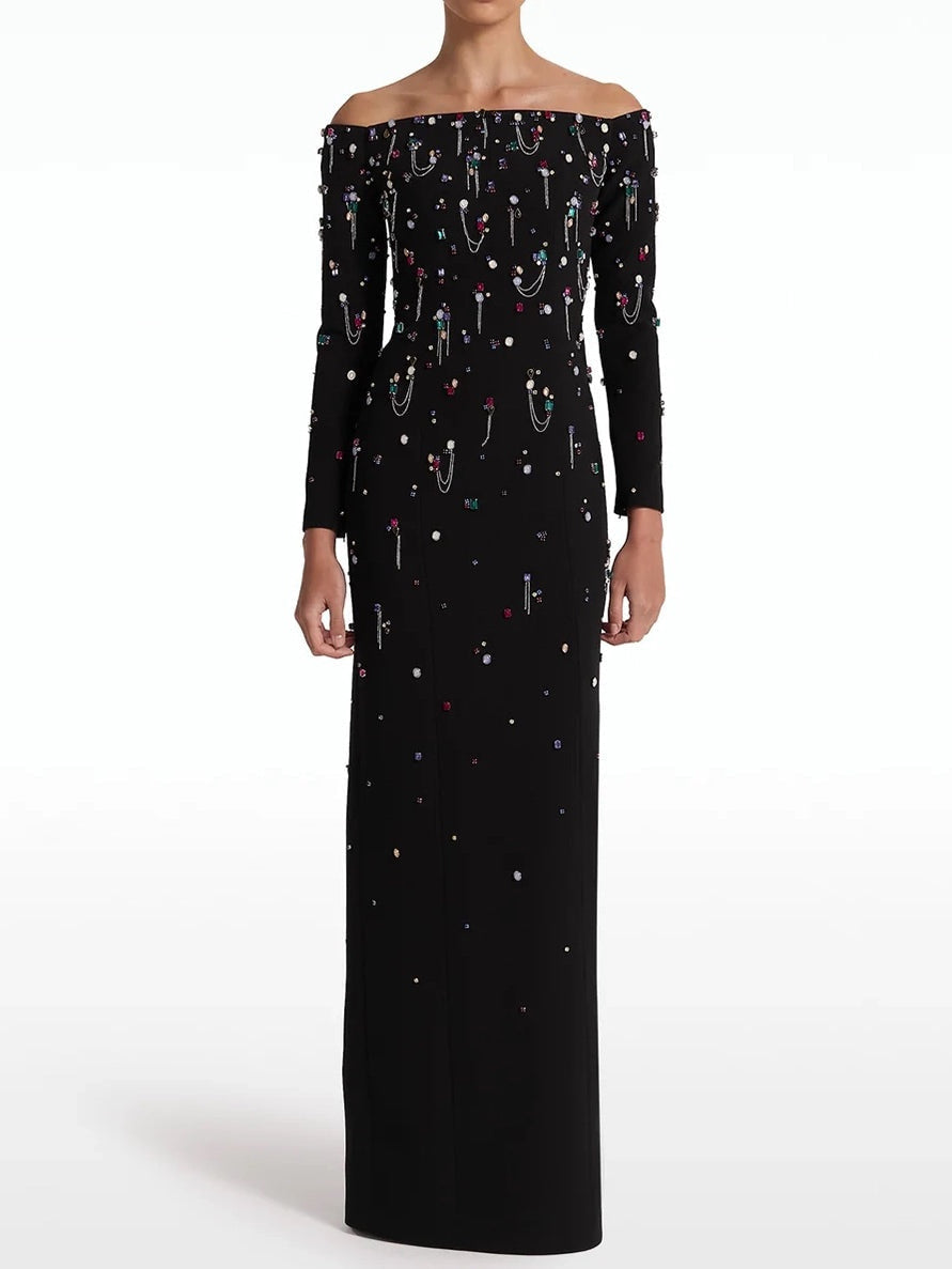 Off-The-Shoulder Dress with Rhinestones and Chains - S - Dresses