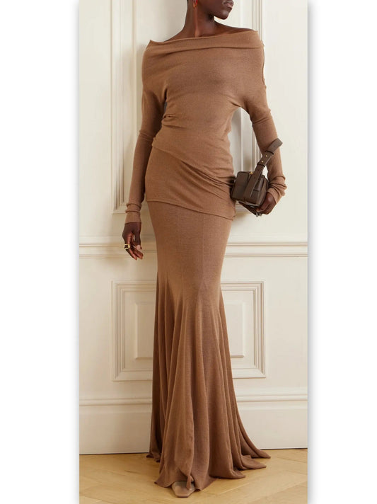 Off-The-Shoulder Knit Long Sleeve Top and Maxi Skirt Set in Camel - Suits & Sets