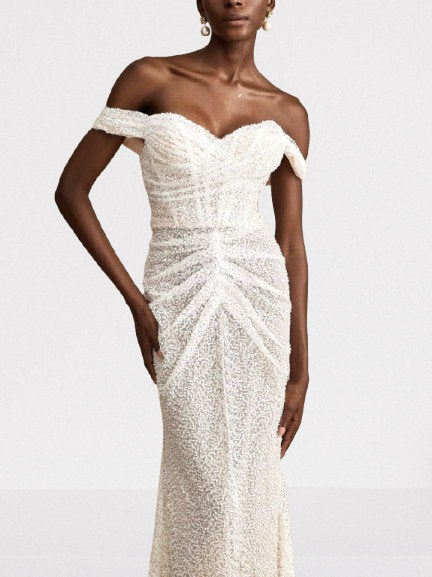Off-The-Shoulder Long Sequined Corset White Dress - Dresses
