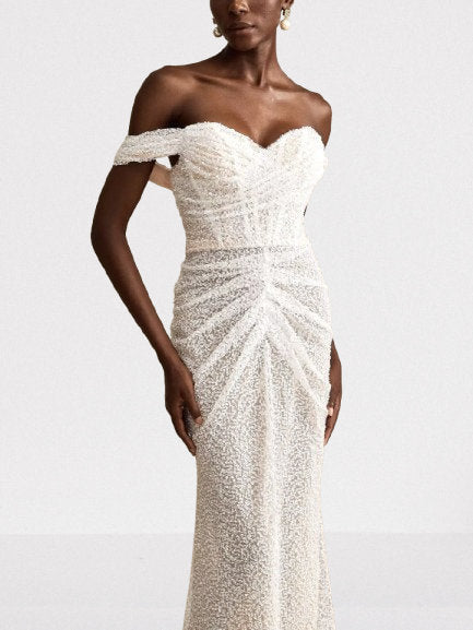 Off-The-Shoulder Long Sequined Corset White Dress - Dresses