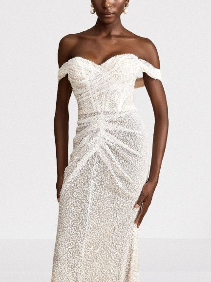 Off-The-Shoulder Long Sequined Corset White Dress - Dresses
