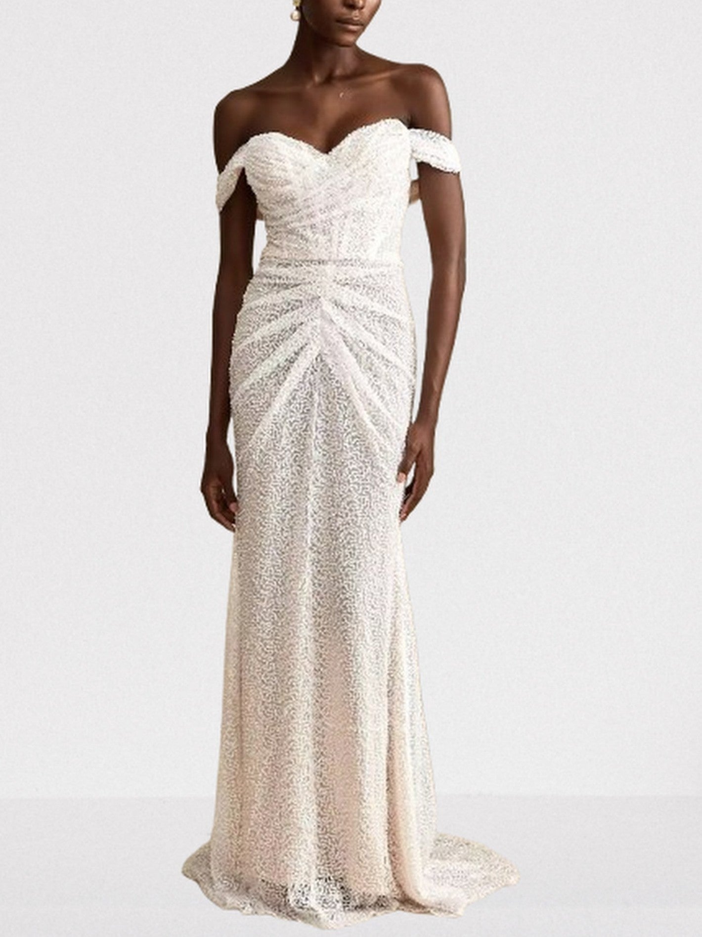 Off-The-Shoulder Long Sequined Corset White Dress - Dresses