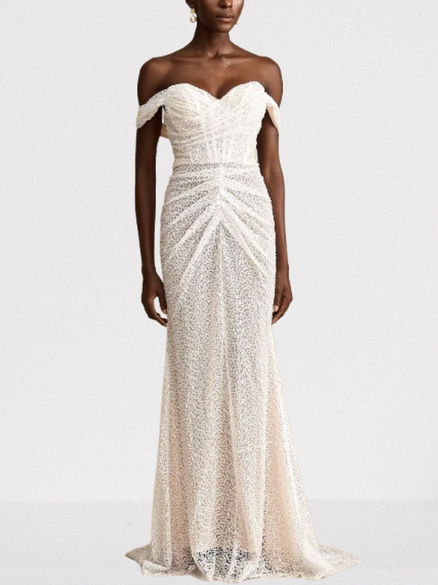 Off-The-Shoulder Long Sequined Corset White Dress - Dresses