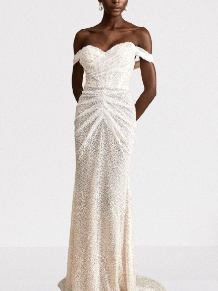 Off-The-Shoulder Long Sequined Corset White Dress - Dresses