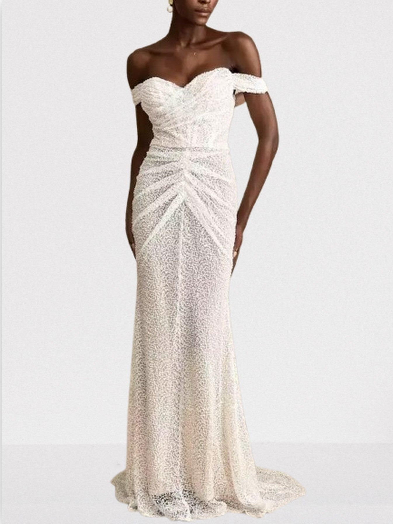 Off-The-Shoulder Long Sequined Corset White Dress - Dresses