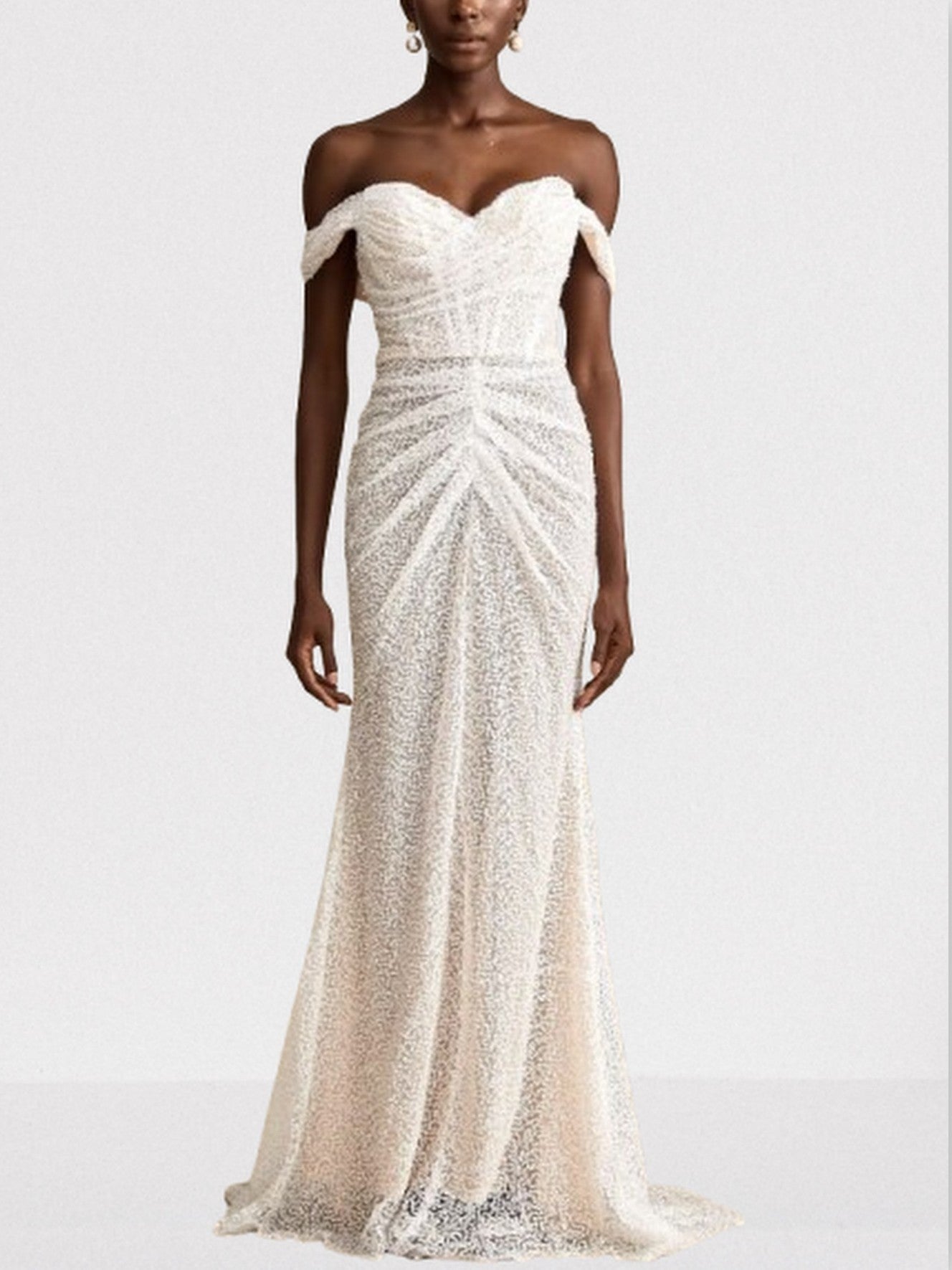 Off-The-Shoulder Long Sequined Corset White Dress - Dresses