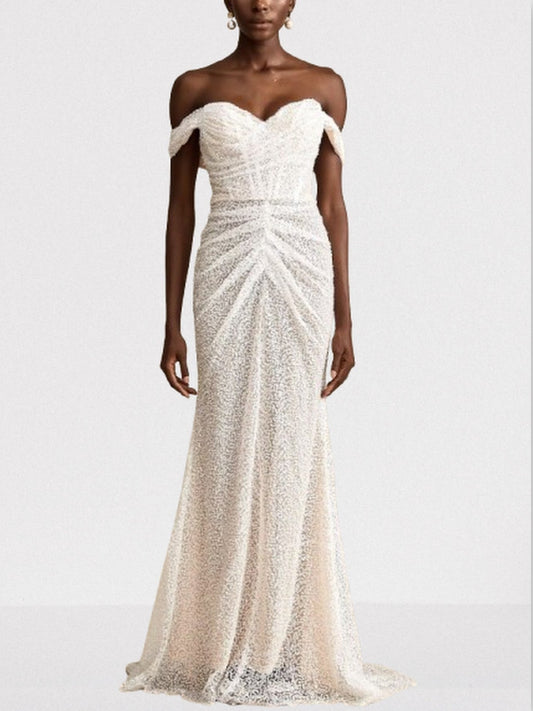 Off-The-Shoulder Long Sequined Corset White Dress - Dresses