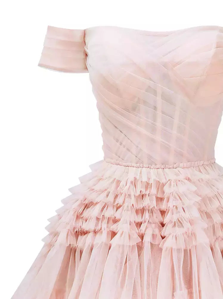 Off-the-shoulder tiered tulle corset gown in pink displayed elegantly
