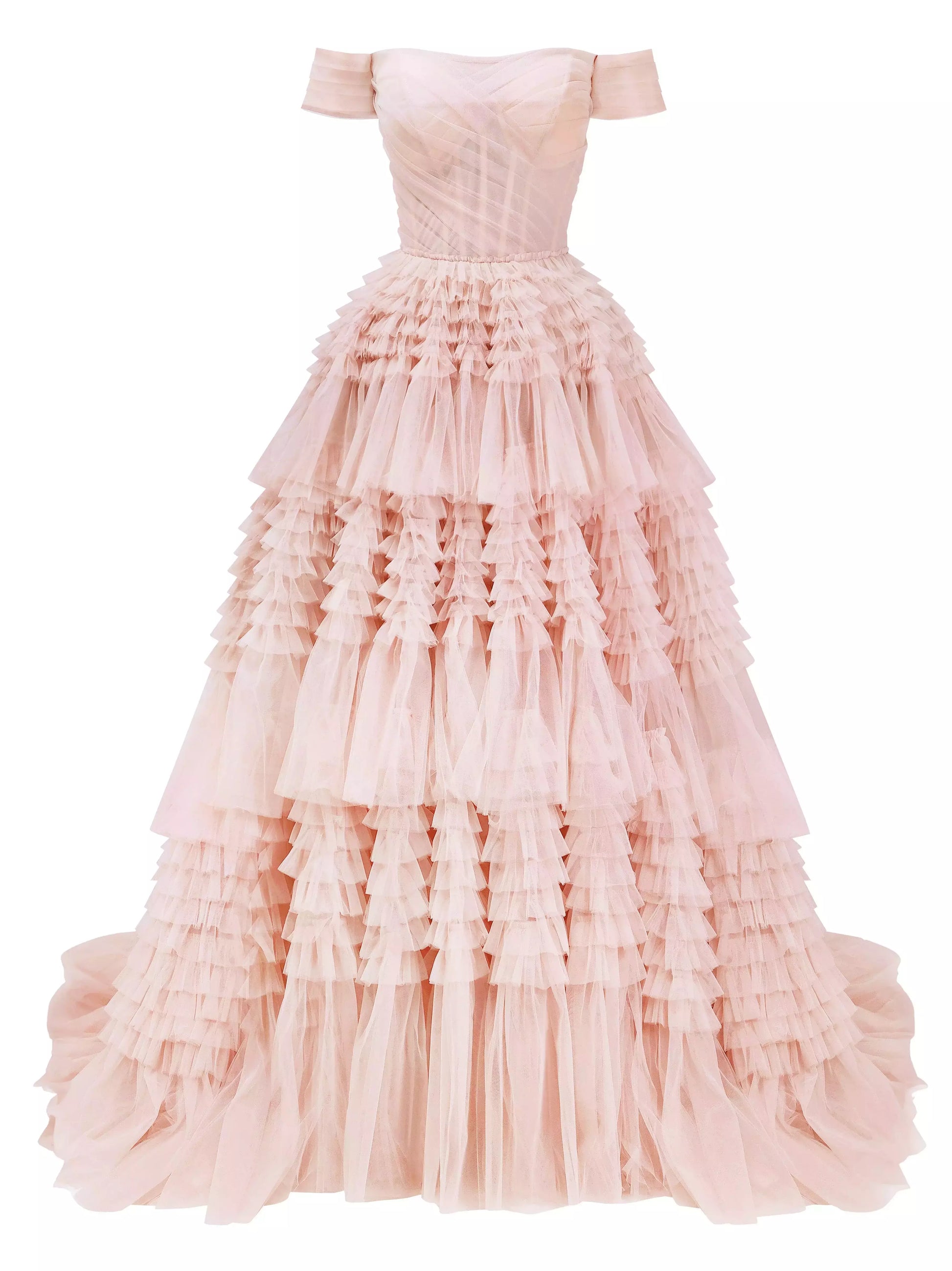 Off-the-shoulder tiered tulle corset gown in pink perfect for formal occasions