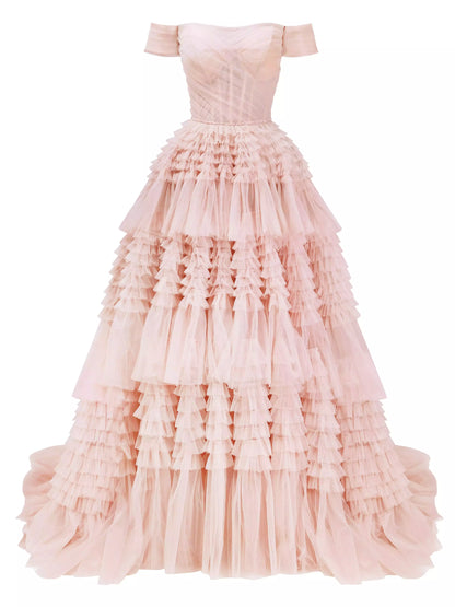 Off-the-shoulder tiered tulle corset gown in pink perfect for formal occasions